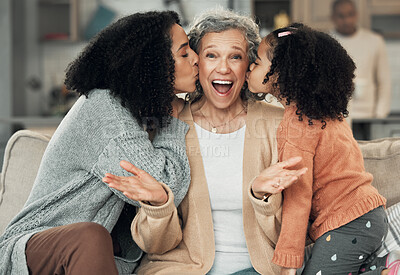 Buy stock photo Portrait, kiss and grandmother with girl and woman on a sofa, smile and happy at family home together. Kissing, face and excited senior with adult daughter and grandchild on couch, bond and joy