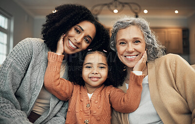 Buy stock photo Love, family and portrait by girl with mother and grandmother on a sofa, happy and smile in their home. Bond, relax and face of senior woman with adult daughter and grandchild on couch on the weekend