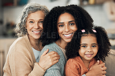 Buy stock photo Happy family, portrait and hug by girl with mother and grandmother on sofa, smile and sweet on blurred background. Face, row and generations of women relax on couch, bond and embrace in living room