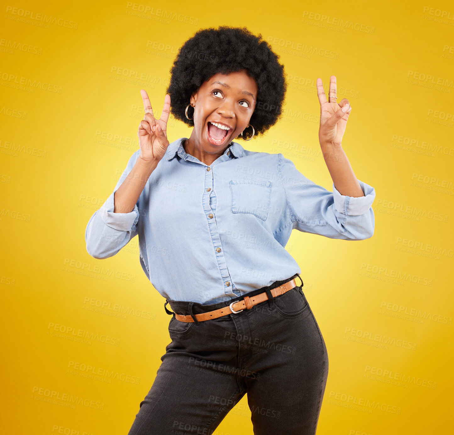 Buy stock photo Funny, happy and black woman with peace sign, smile and girl against a studio background. African American female, lady and gesture for chill, goofy and silly with joy, cheerful and positive mindset