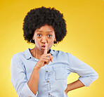 Privacy, secret and finger on lips of black woman in studio for mystery, gossip and announcement. Noise, news and whisper with female and shush gesture on yellow background for rumor, drama or silent