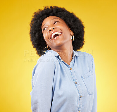 Buy stock photo Happy, laughing and black woman smile with fashion and style isolated against a studio yellow background. Excited, funny and confident female person or comic with stylish or cool clothes