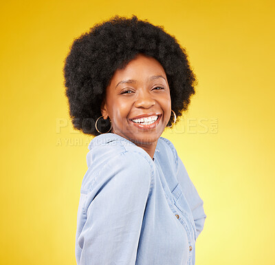 Buy stock photo Black woman, happy face and smile portrait in studio while excited on yellow background. African female model with afro hair, beauty and happiness on color space with motivation and positive mindset