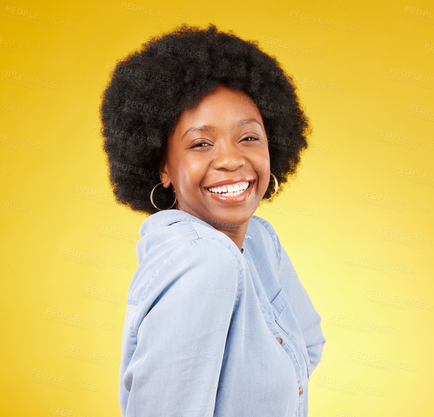 Buy stock photo Black woman, happy face and smile portrait in studio while excited on yellow background. African female model with afro hair, beauty and happiness on color space with motivation and positive mindset