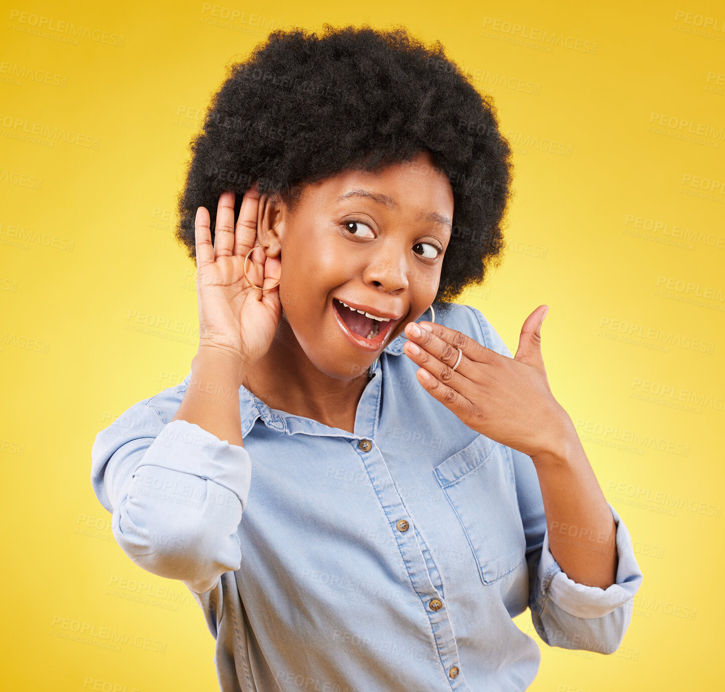 Buy stock photo Surprise, gossip and black woman listening in a studio with a wow, wtf or omg face expression. Secret, shock and curious African female model with an afro with a listen gesture by a yellow background