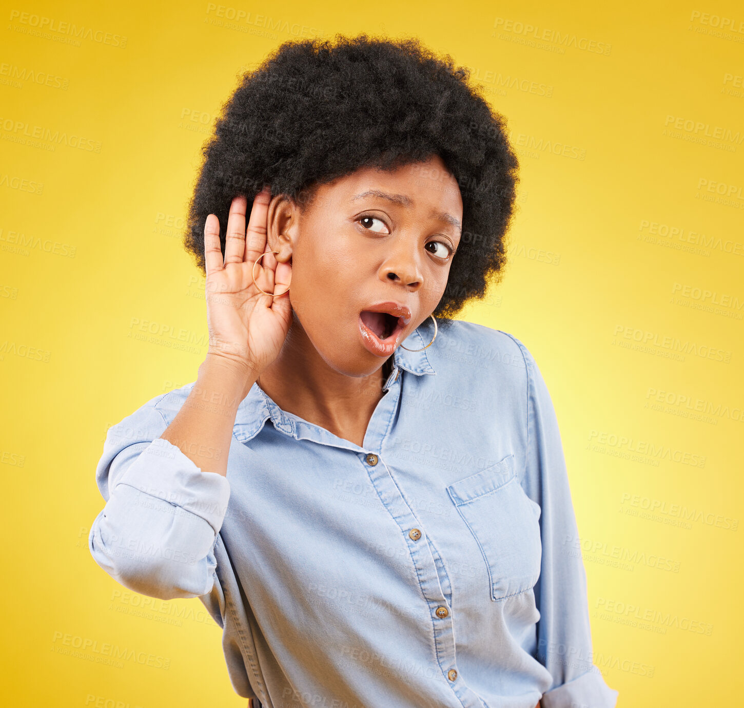 Buy stock photo Shock, secret and black woman listening in a studio with a wow, wtf or omg face expression. Gossip, surprise and curious African female model with an afro with a listen gesture by a yellow background