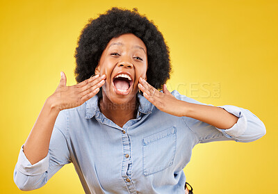 Buy stock photo Black woman, face and shouting portrait in studio while excited on yellow background. African female with hands on mouth for promotion announcement with motivation, happiness and positive mindset
