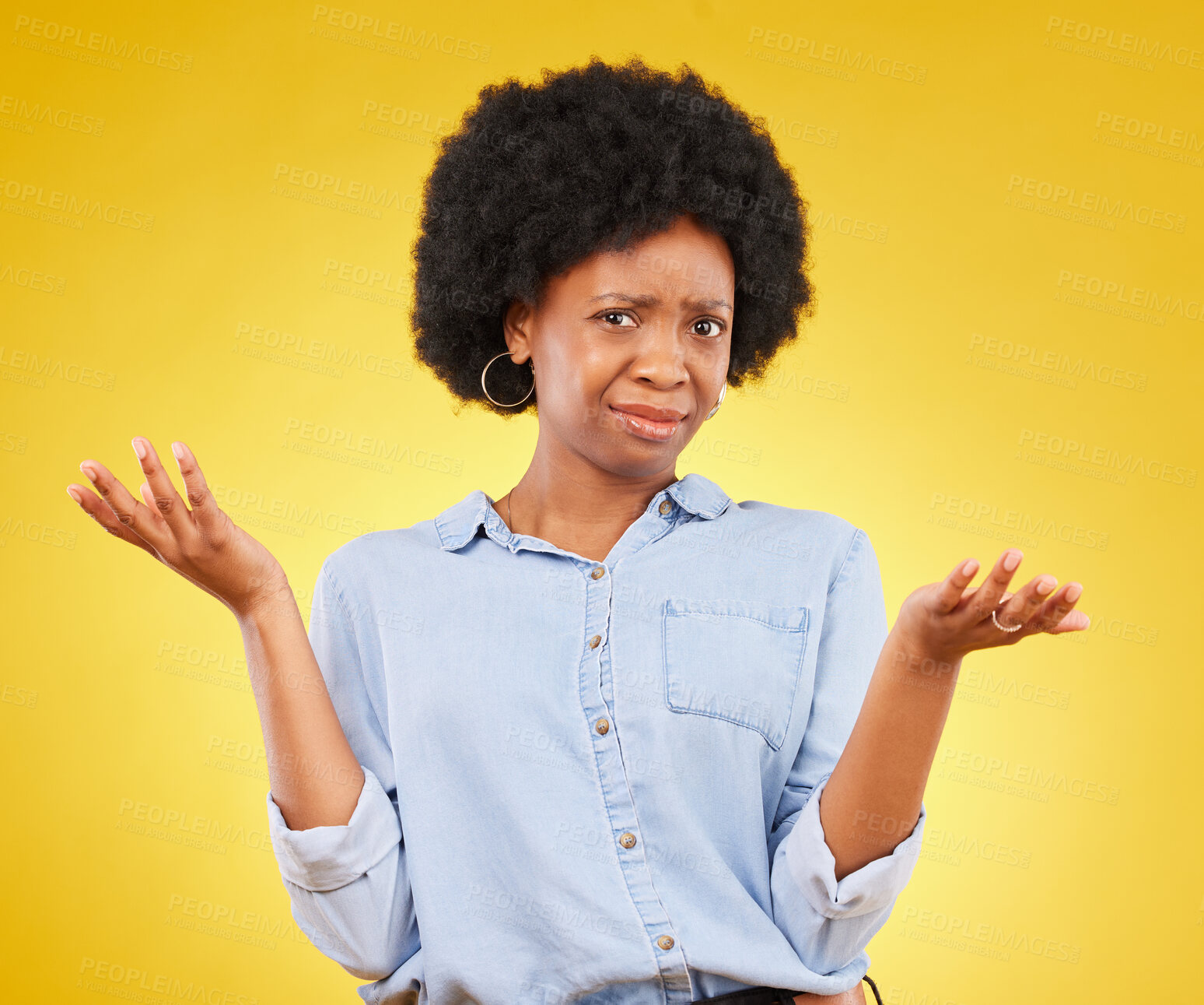 Buy stock photo Confused, doubt and portrait of an African woman in studio, dont know and decision gesture on yellow background. Unsure, face and hands of a girl with why, emoji and or choice on mockup or isolated