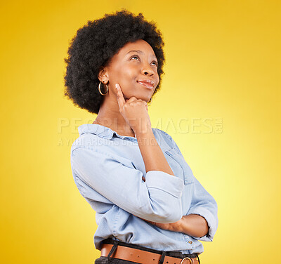 Buy stock photo Black woman, thinking face and smile in studio with idea or memory on yellow background. African female think of space with afro hair, beauty and happiness for motivation and mindset for planning