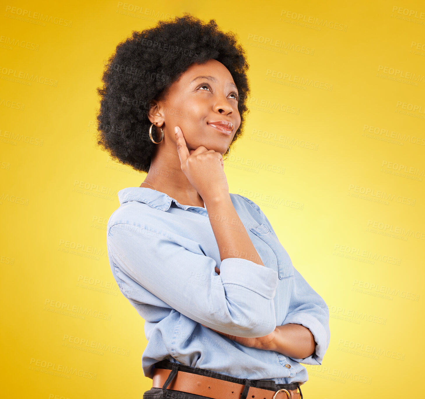 Buy stock photo Black woman, thinking face and smile in studio with idea or memory on yellow background. African female think of space with afro hair, beauty and happiness for motivation and mindset for planning