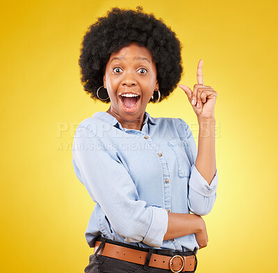 Buy stock photo Portrait, eureka idea and black woman in studio isolated on a yellow background. Thinking, surprise wow and smile, happy or excited, beautiful and young African female with ideas or contemplating.