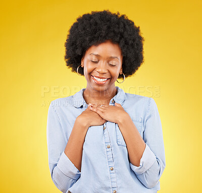 Buy stock photo Black woman, happy and self love with hands on chest for gratitude, peace and calm with eyes closed on yellow studio background. Content, wellness and care with mockup space, happiness and heart