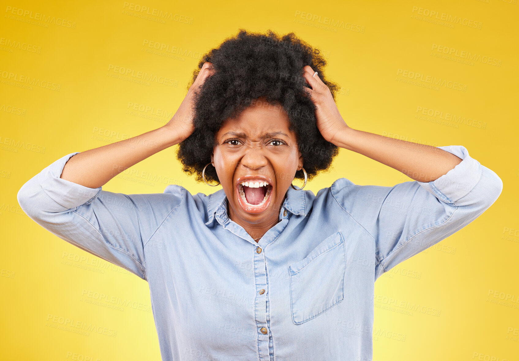 Buy stock photo Crazy, face portrait and black woman scream, shout and yell from mental health crisis, angry rage or anger management problem. Afro, studio headshot and African person isolated on yellow background