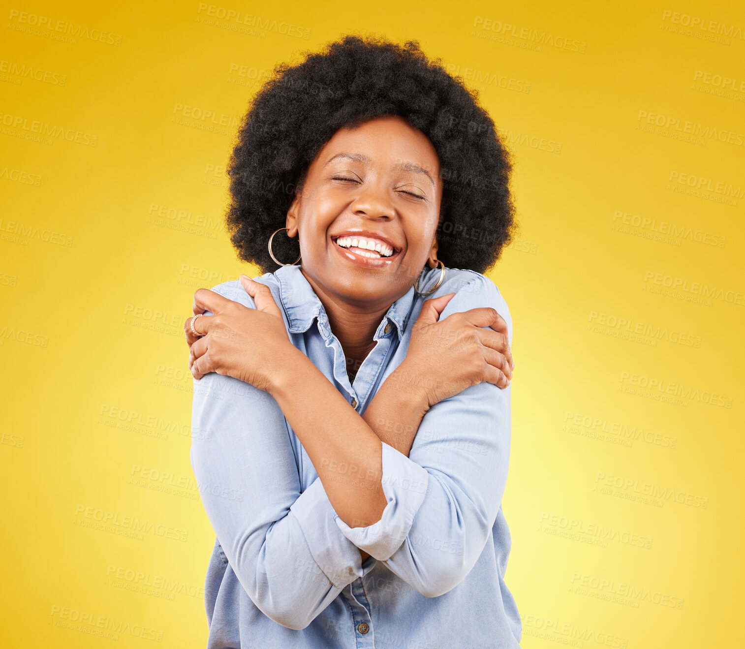 Buy stock photo Black woman, happy with self love and hug body, smile and joy with eyes closed on yellow studio background. Female is cheerful, wellness and positive mindset with mockup space, happiness and selfcare