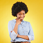 Happy, flirting and portrait of a black woman in a studio with confidence, love and romance face. Happiness, smirk and African female model biting her finger for a sexy gesture by a yellow background