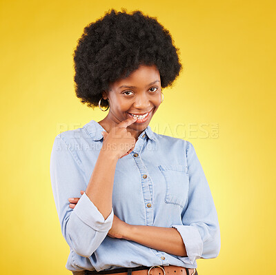 Buy stock photo Happy, flirting and portrait of a black woman in a studio with confidence, love and romance face. Happiness, smirk and African female model biting her finger for a sexy gesture by a yellow background