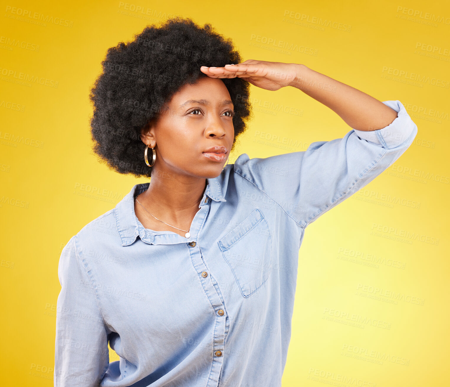 Buy stock photo Black woman, hand and studio for distance, future and looking ahead for life by yellow background. Student, african and girl with vision, goal and ambition for career, study and focus with thinking