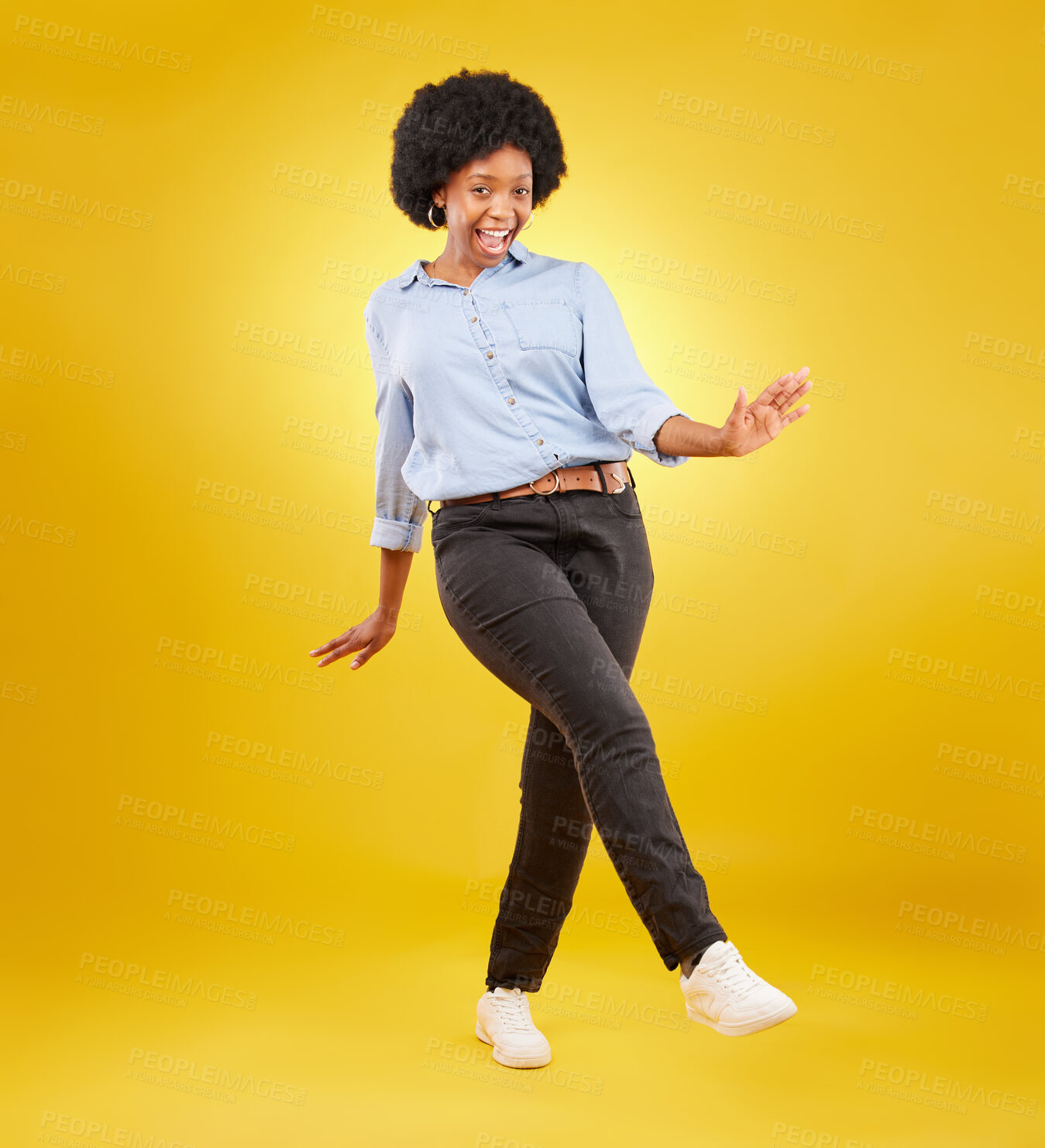 Buy stock photo Dance, excited and happy black woman on yellow background with motivation, dancing and smile. Winner mockup, wow portrait and isolated full body of girl for freedom, winning and success in studio