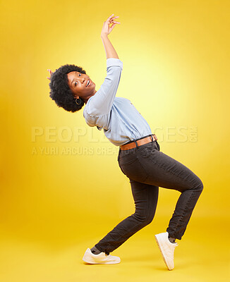 Buy stock photo Portrait, dance and black woman with energy, celebration and freedom against a studio background. Face, African American female and lady with movements, happiness and expression with vibe and mockup