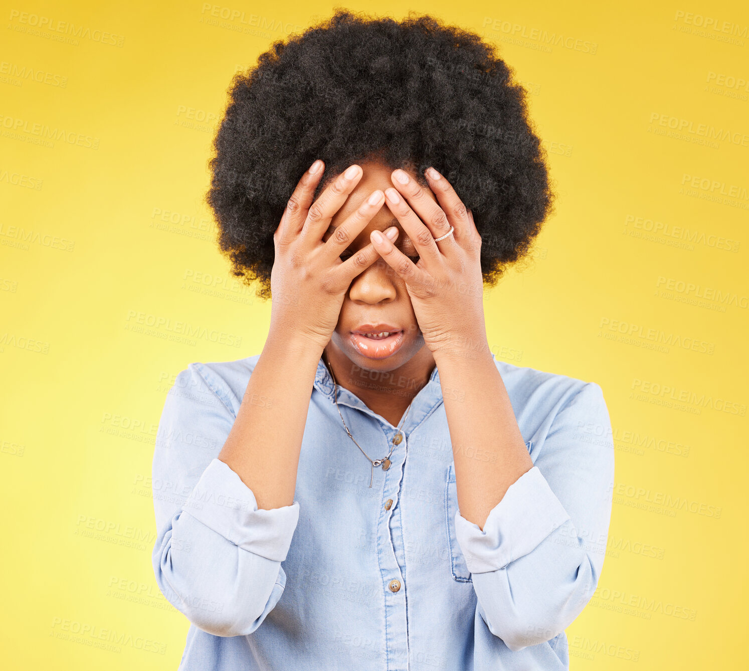 Buy stock photo Black woman, stress and hands on angry face, tired and mental health with anxiety by yellow background. Girl, frustrated and studio backdrop with mind fatigue, depression and disappointed with afro