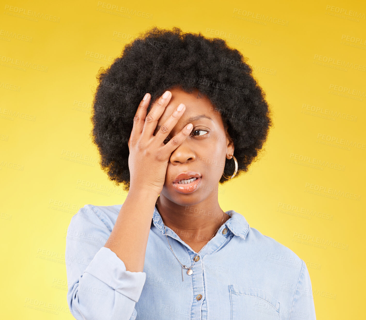 Buy stock photo Frustrated, stress and angry with black woman in studio for tired, exhausted and mental health. Failure, bored and scared with female isolated on yellow background for difficulty, trouble and fear