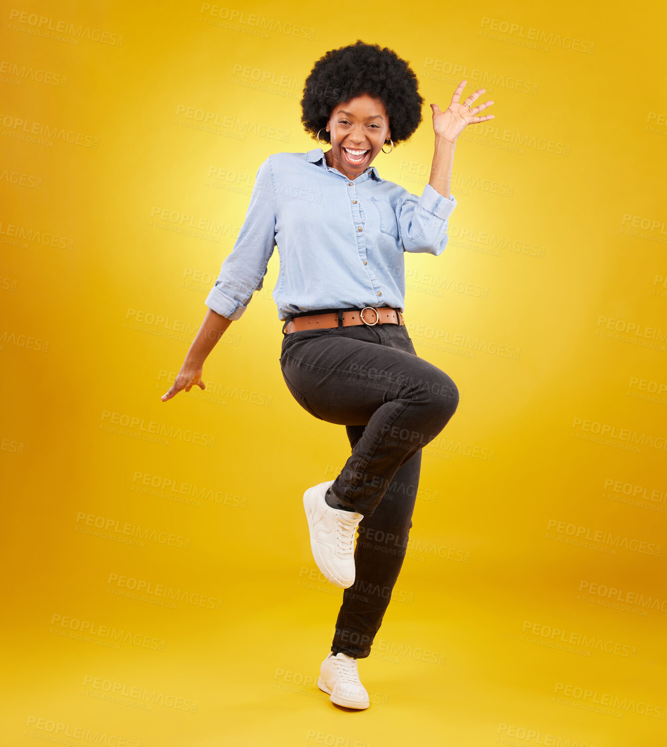 Buy stock photo Happy, excited and portrait of black woman on yellow background with energy, happiness and smile in studio. Winner mockup, celebration and isolated girl pose for deal announcement, sale and success