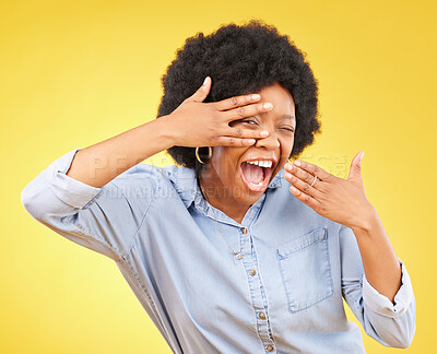 Buy stock photo Excited black woman surprised hand on face and shocked winning person isolated in studio yellow background. Portrait, V and female winner happy for a deal, sale and announcement of good news