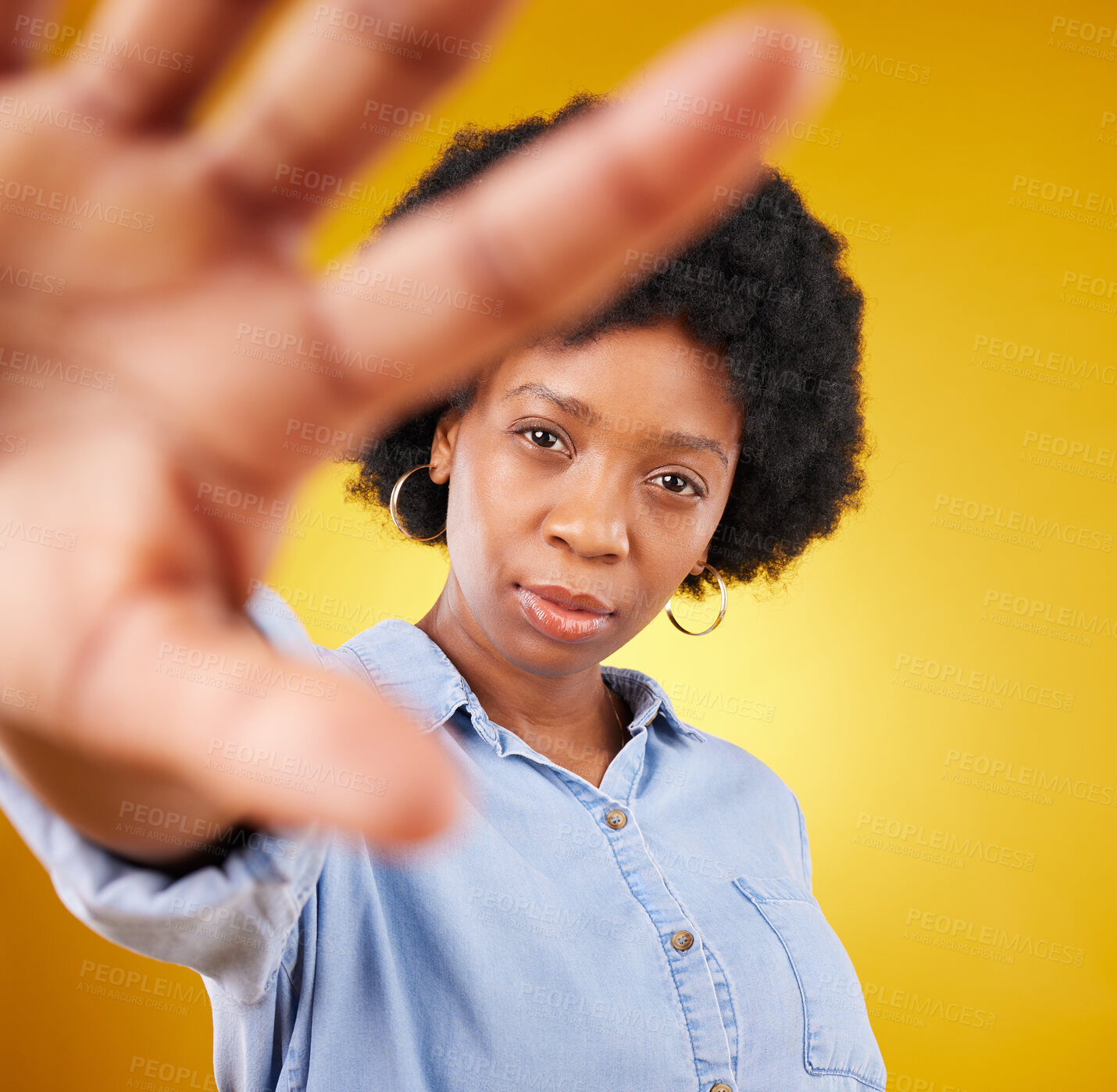 Buy stock photo Portrait, beauty and selfie of black woman in studio isolated on a yellow background. Face, photographer or serious female or girl taking pictures or photo for profile picture, social media or memory