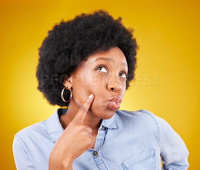 Buy stock photo Doubt, thinking and black woman with decision, opportunity and ideas against a studio background. African American female, lady and thoughtful with wonder, daydreaming and brainstorming with thoughts