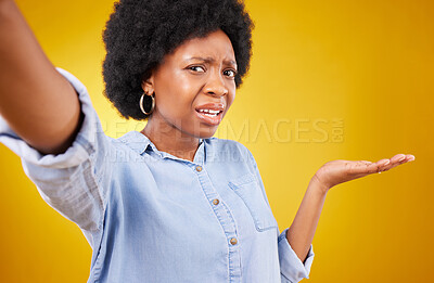 Buy stock photo Selfie portrait, confused and woman with mock up space, advertising mockup or marketing promotion. Commercial girl, problem or African person puzzled with product placement deal on yellow background 