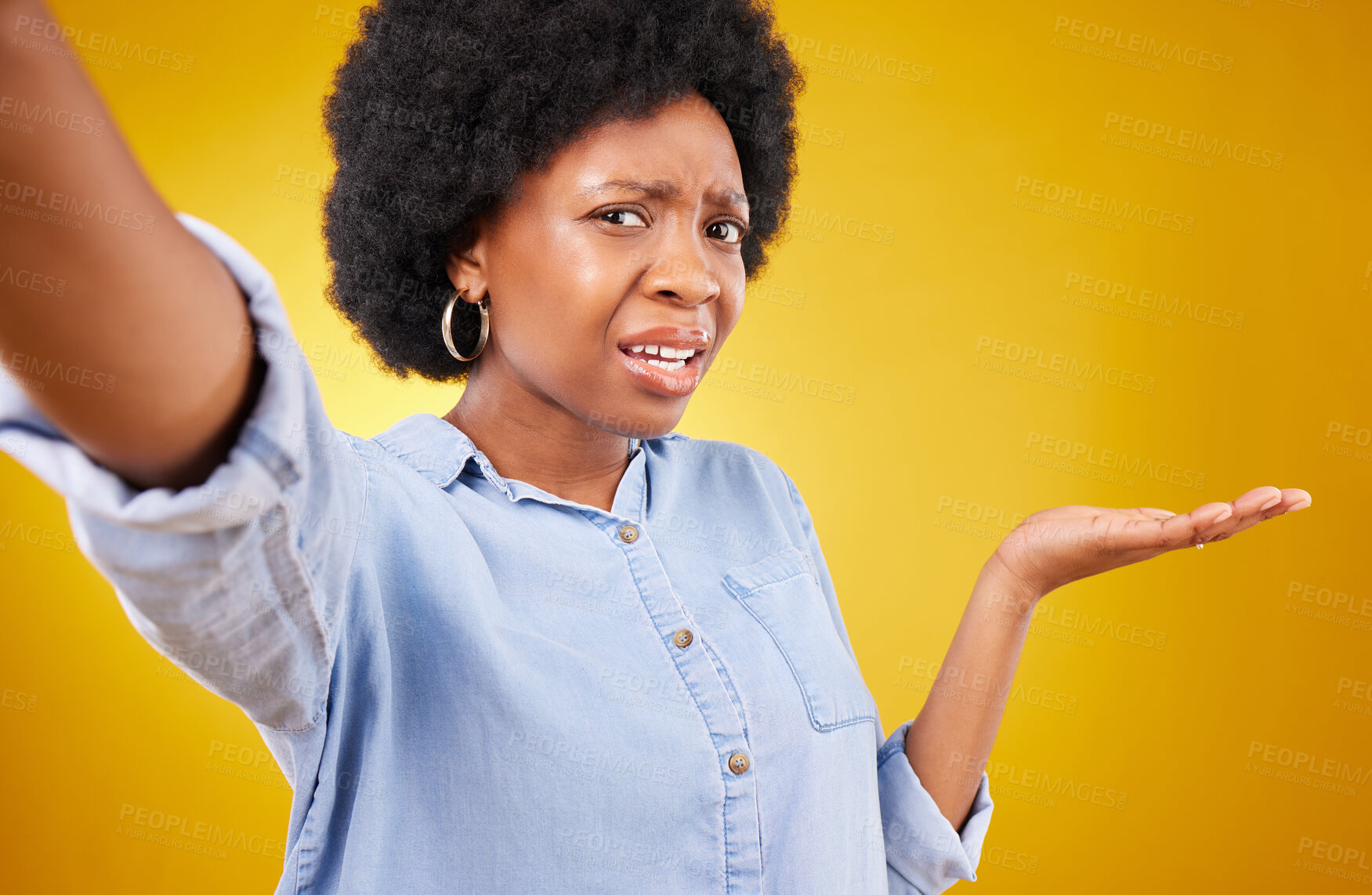 Buy stock photo Selfie portrait, confused and woman with mock up space, advertising mockup or marketing promotion. Commercial girl, problem or African person puzzled with product placement deal on yellow background 