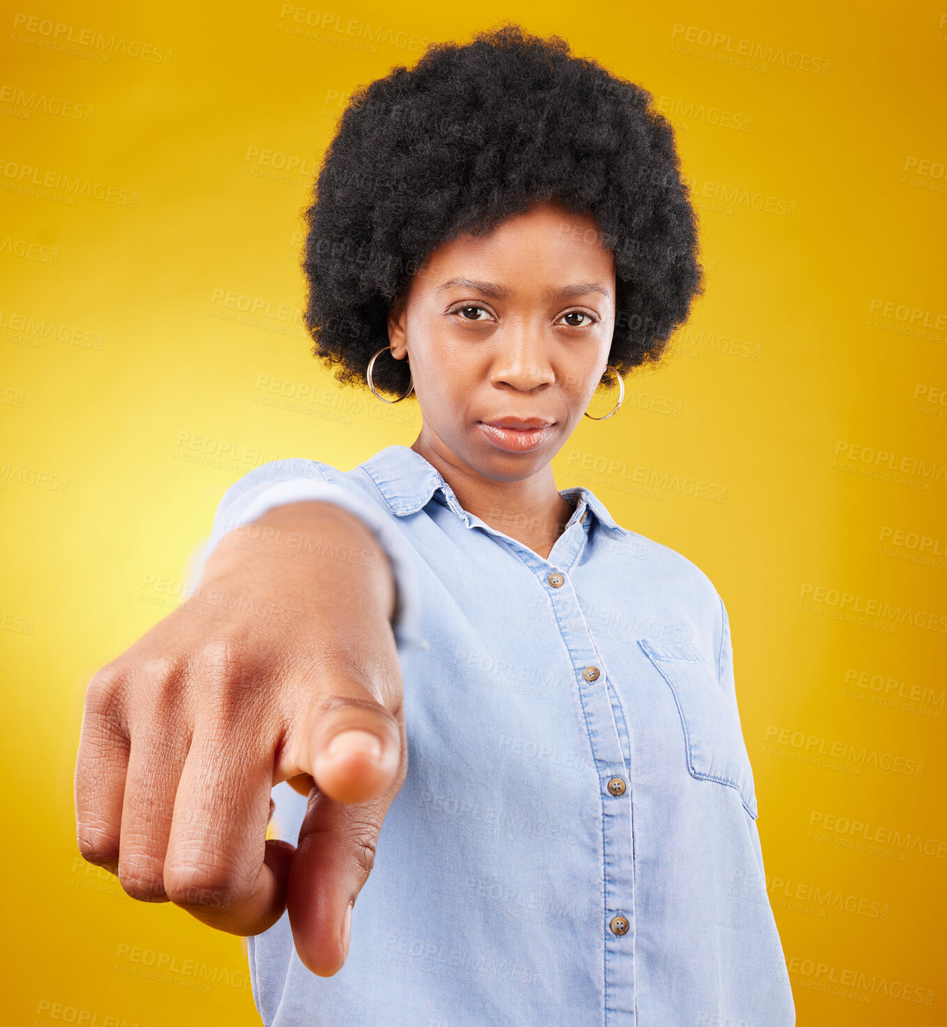 Buy stock photo Hand, pointing and portrait of black woman in studio for you, choice or deciding on yellow background. Face, emoji and finger of suspicious lady with warning, guilty or blame, sign or accountability