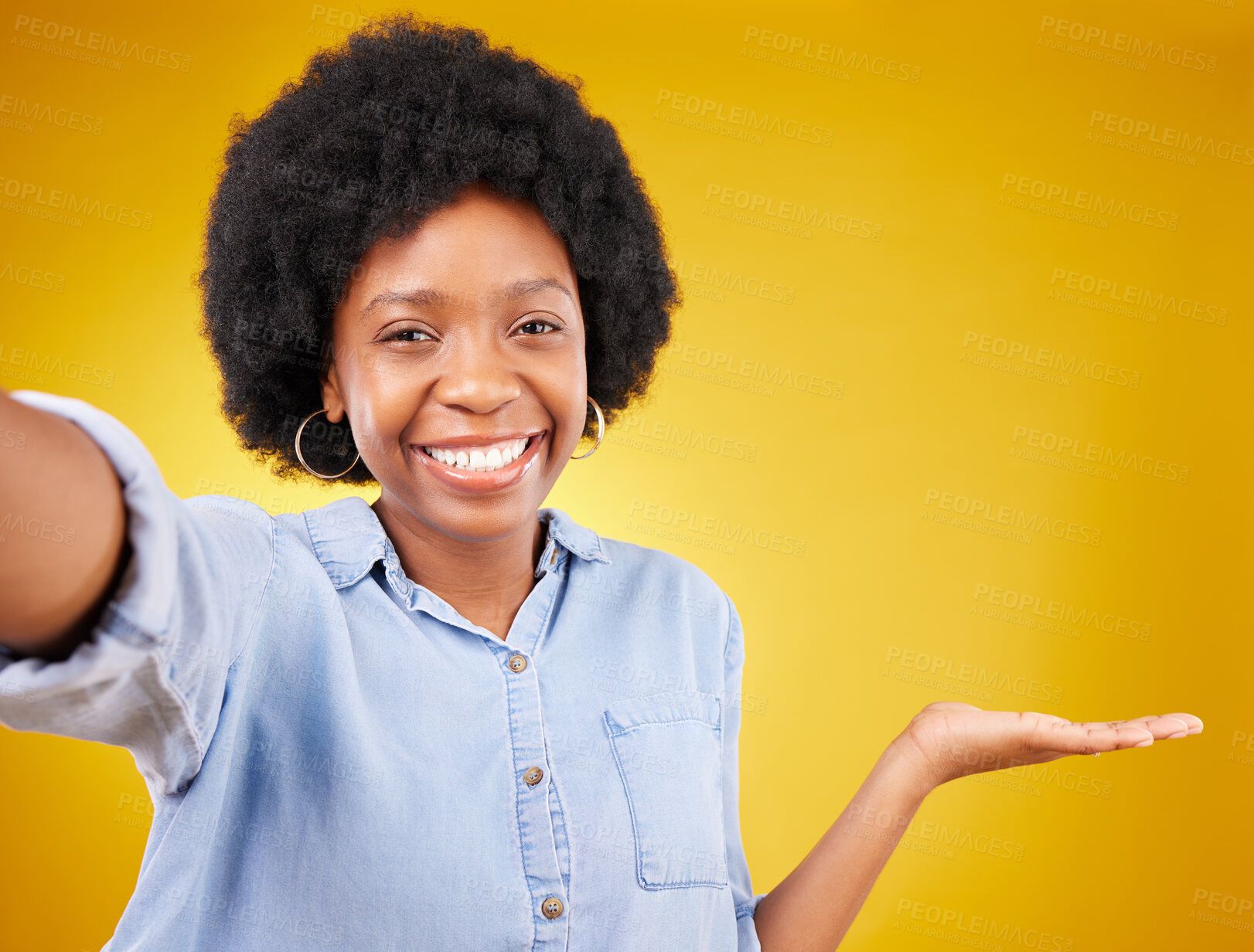 Buy stock photo Selfie, portrait and black woman with advertising gesture, mock up space or marketing promotion mockup. Commercial girl, face and excited person happy for product placement deal on yellow background 