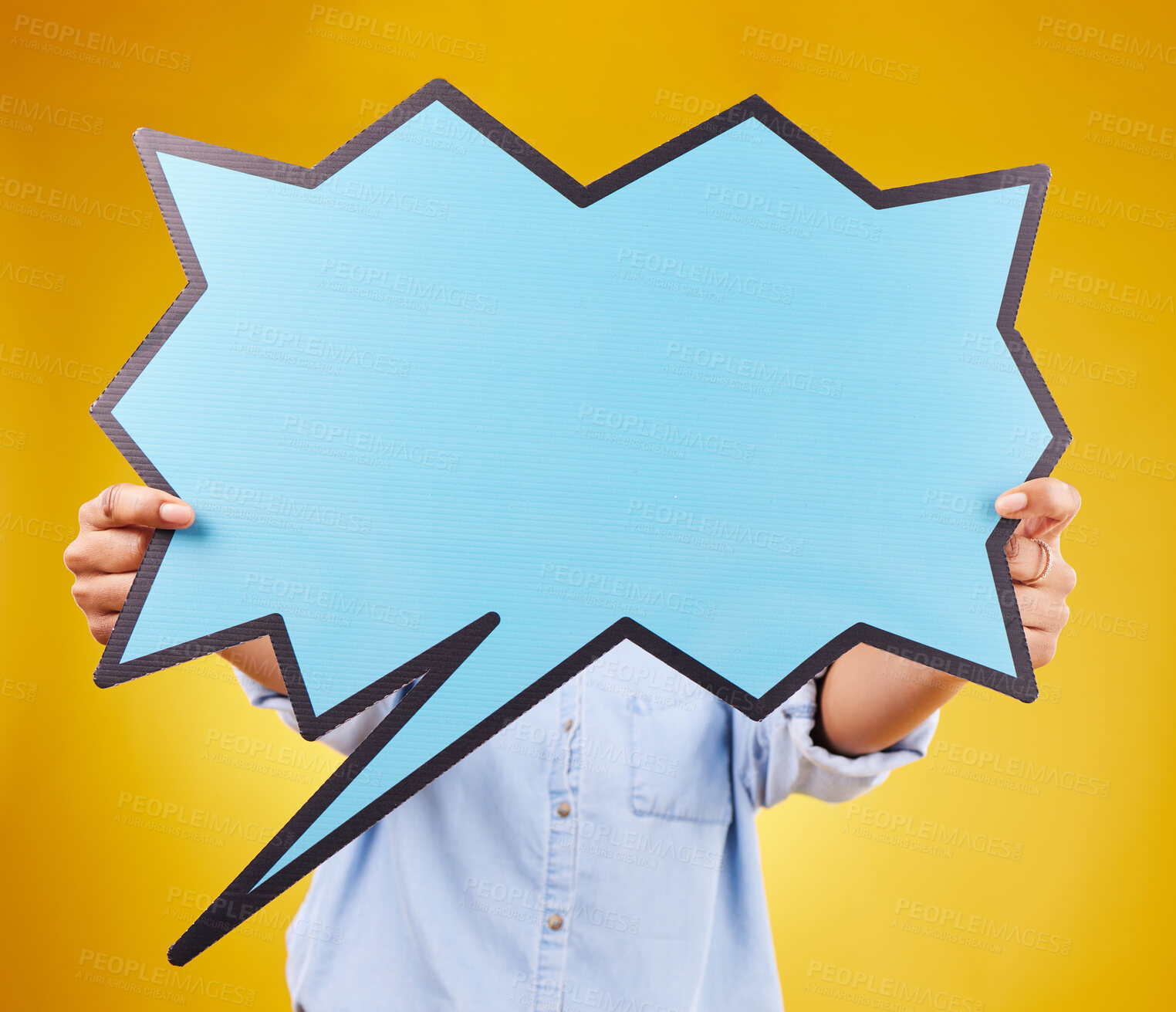 Buy stock photo Social media, studio person and hands with speech bubble for opinion, marketing space or brand advertising. Product placement, mock up billboard and comic woman with voice mockup on yellow background