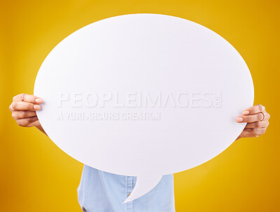 Buy stock photo Social media, woman and hands with mockup speech bubble for opinion, marketing space or brand advertising. Product placement info, branding billboard or person with voice mock up on yellow background