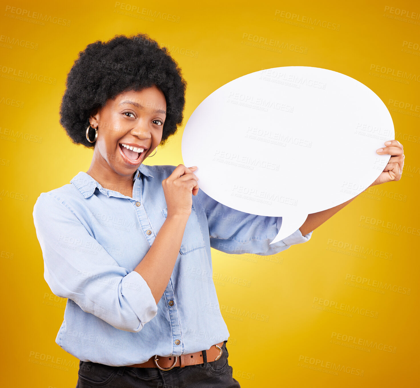 Buy stock photo Social media, happy portrait or black woman with speech bubble for opinion, marketing space or brand advertising. Product placement, mock up billboard or person with voice mockup on yellow background
