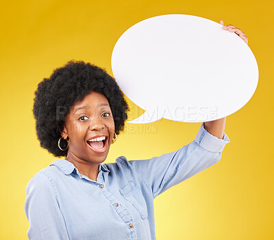 Buy stock photo Speech bubble, portrait and happy black woman in studio with mockup for social media, advertising or space. Face, poster and girl with billboard on news, announcement or branding on yellow background