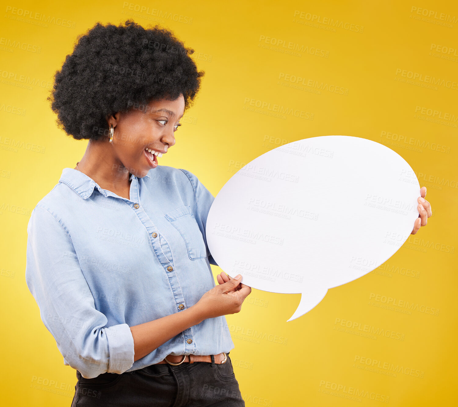 Buy stock photo Smile, speech bubble and happy black woman in studio with mockup for social media, advertising or space. Blank, poster and girl with billboard for news, announcement or branding on yellow background