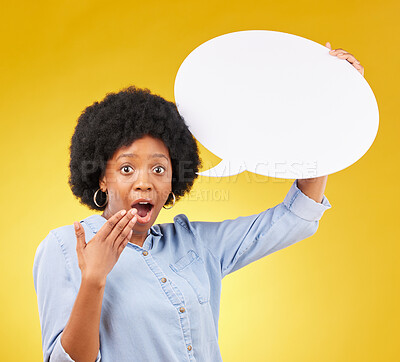 Buy stock photo Speech bubble, portrait and wow by black woman in studio with mockup for social media, advertising or space. Face, poster and shocked girl with billboard for news or announcement on yellow background