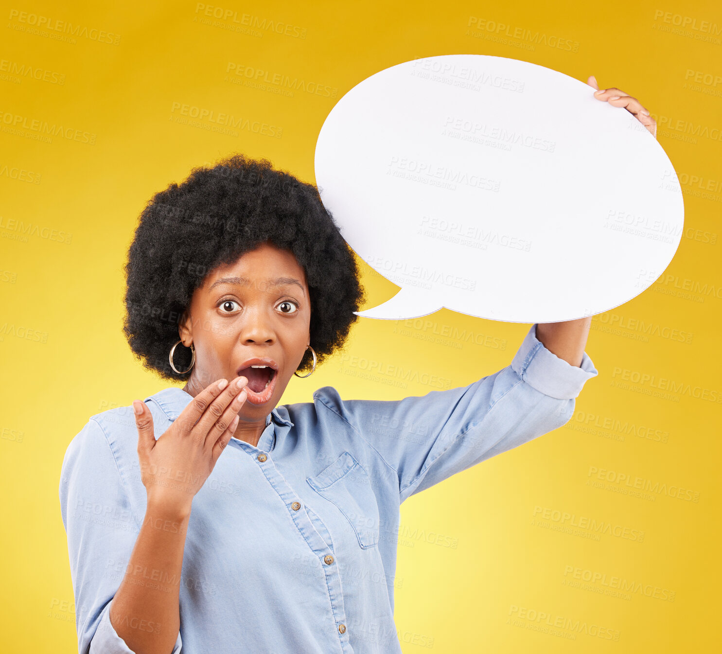 Buy stock photo Speech bubble, portrait and wow by black woman in studio with mockup for social media, advertising or space. Face, poster and shocked girl with billboard for news or announcement on yellow background