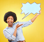 Hands, portrait and speech bubble by black woman pointing in studio to mockup for social media, advertising or space. Face, poster and happy lady with billboard news or message on yellow background