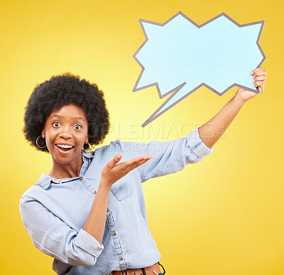 Buy stock photo Hands, portrait and speech bubble by black woman pointing in studio to mockup for social media, advertising or space. Face, poster and excited lady with billboard news or message on yellow background