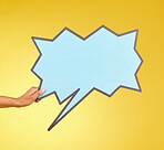 Social media advertising, woman or hands with speech bubble for opinion, marketing space or studio branding. Product placement info, mock up billboard or person with voice mockup on yellow background