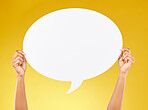 Social media, poster and woman hands with speech bubble for opinion, marketing space or brand advertising. Product placement, mock up billboard or female person with voice mockup on yellow background