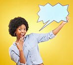 Wow, speech bubble and portrait of black woman in studio with mockup for social media, advertising or space. Face, poster and shocked girl with billboard for news or announcement on yellow background