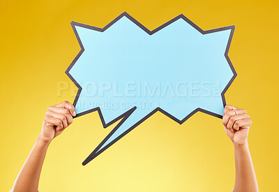 Buy stock photo Social media announcement, woman and hands with speech bubble for opinion, marketing space or brand advertising. Product placement, mock up billboard and person with voice mockup on studio background