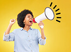 Bullhorn announcement, shout or studio black woman protest for democracy vote, justice or human rights rally. Fight racism speech, megaphone microphone or angry speaker fist on yellow background fist