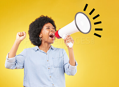 Buy stock photo Bullhorn announcement, shout or studio black woman protest for democracy vote, justice or human rights rally. Fight racism speech, megaphone microphone or angry speaker fist on yellow background fist