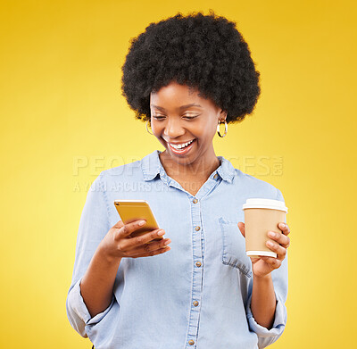 Buy stock photo Happy, phone and black woman with coffee in studio, texting and laughing against yellow background. Smartphone, message and female with tea while browsing social media, app or online dating website