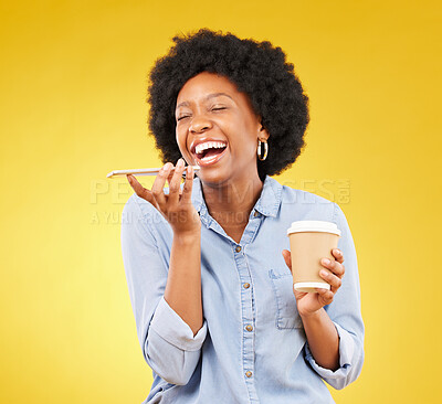 Buy stock photo Phone, happy and black woman with coffee in studio, laughing with voice to text on yellow background. Smartphone, speaker and girl with tea on phone call, joke and humor while enjoying conversation
